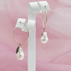 Baroque Pearl & Green Tourmaline Hoop Earrings, 14K Gold Filled Thin Hoops
